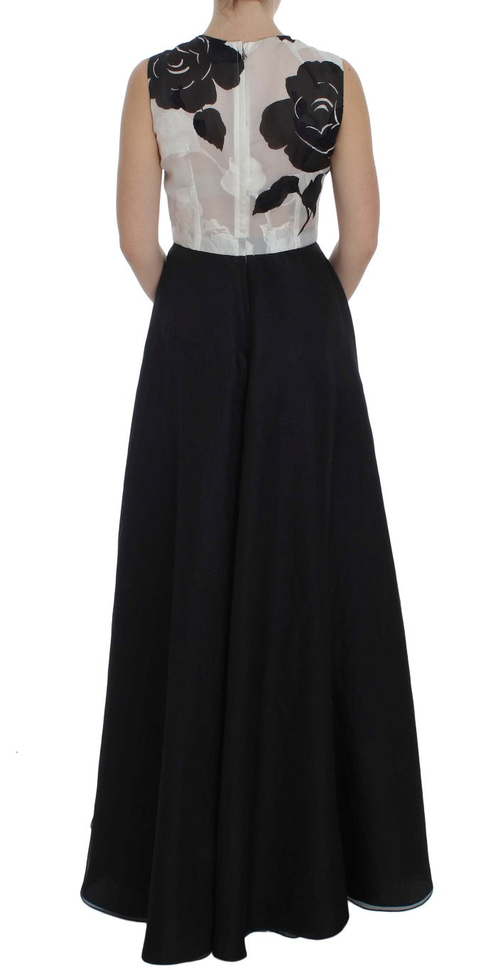 Dolce & Gabbana Black White Floral Silk Sheath Gown Women's Dress