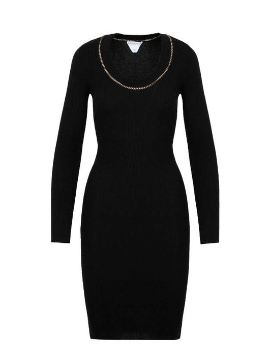 Bottega Veneta Gold Chain Detail Cashmere Long Sleeve Midi Dress Black