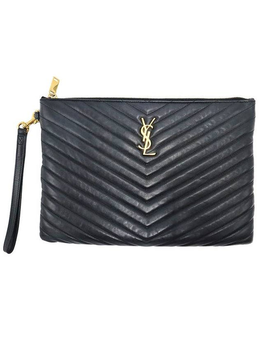 Saint Laurent Saint Laurent 413444 Black Quilted Calfskin Monogram Tablet Pouch Clutch