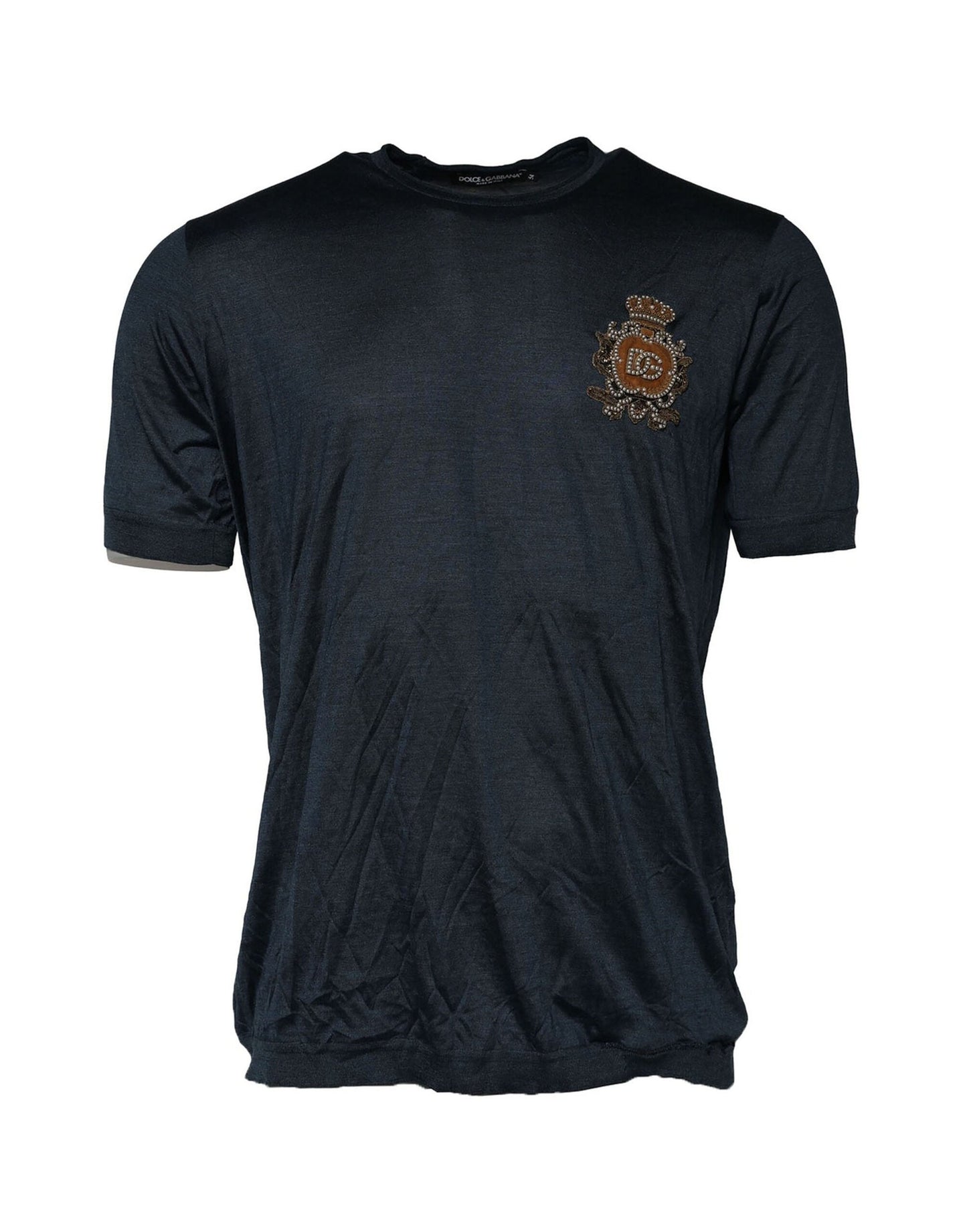 Dolce & Gabbana Dark Blue Silk Logo Patch Crew Neck Men's T-shirt ()