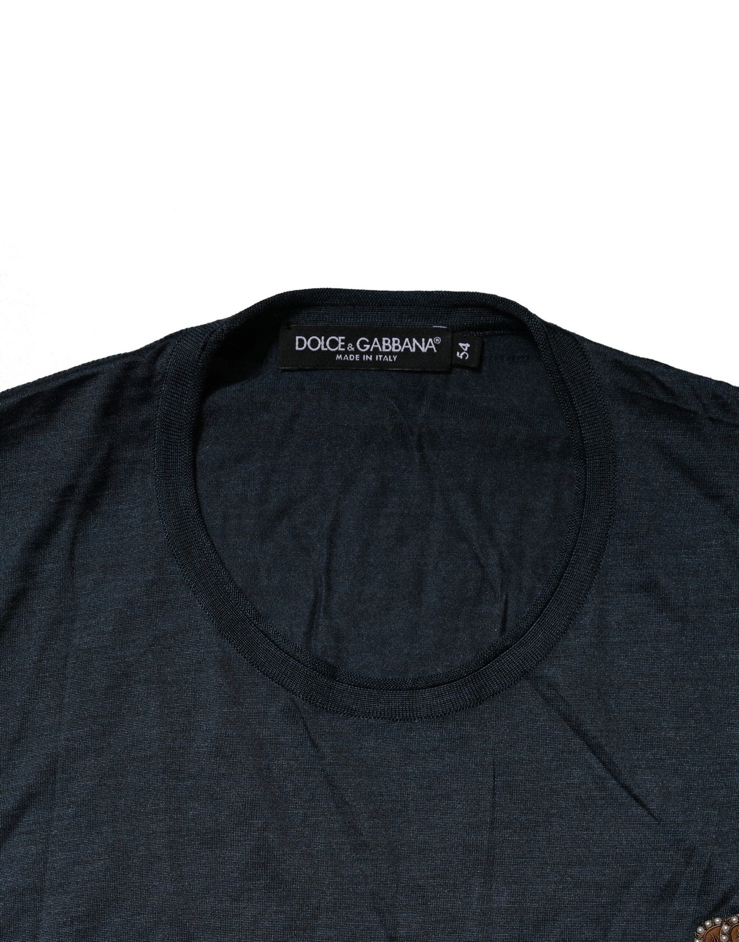 Dolce & Gabbana Dark Blue Silk Logo Patch Crew Neck Men's T-shirt ()