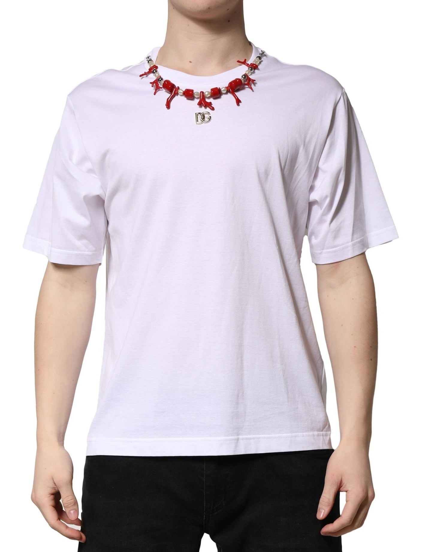 Dolce & Gabbana White Embellished Cotton Crew Neck Men's T-shirt