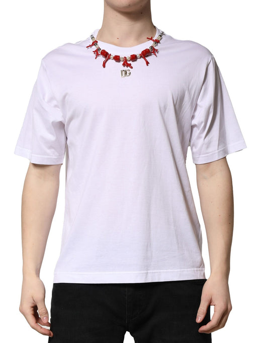 Dolce & Gabbana White Embellished Cotton Crew Neck Men's T-shirt