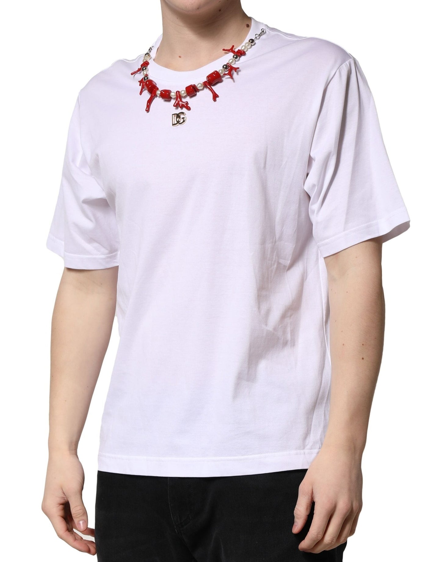 Dolce & Gabbana White Embellished Cotton Crew Neck Men's T-shirt