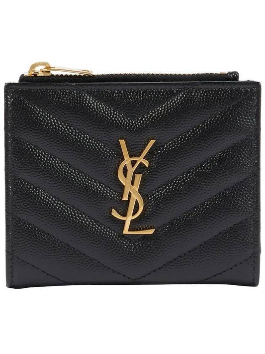 Saint Laurent Cassandre Matelasse Grain De Poudre Embossed Leather Half Wallet Black