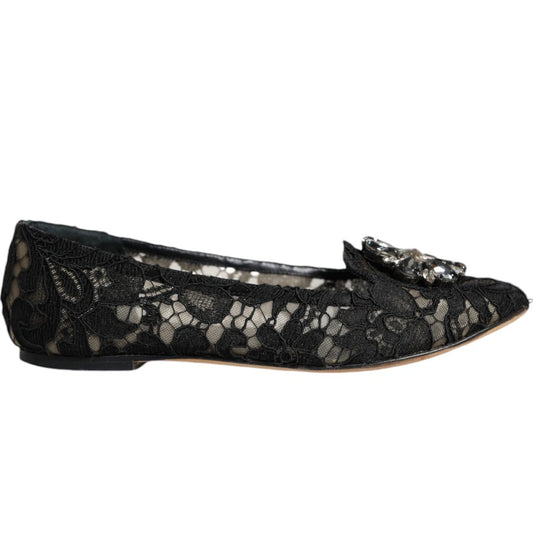 Dolce & Gabbana Black Lace Crystal Ballet Flats Loafer Women's Shoes