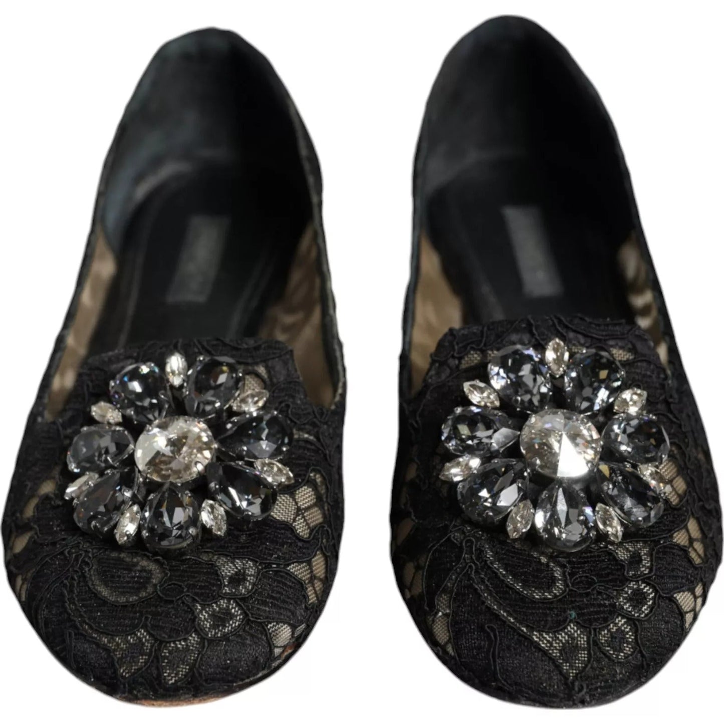 Dolce & Gabbana Black Lace Crystal Ballet Flats Loafer Women's Shoes