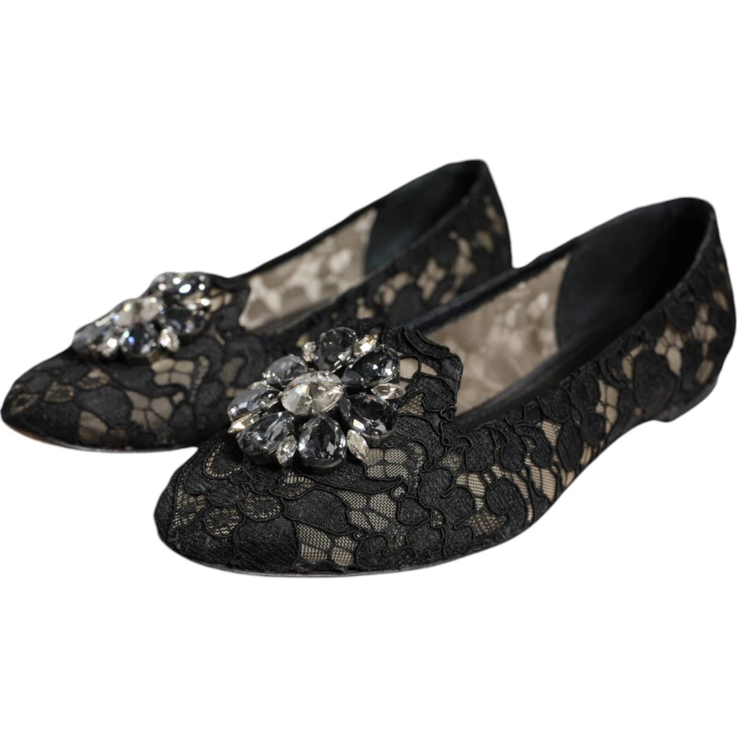 Dolce & Gabbana Black Lace Crystal Ballet Flats Loafer Women's Shoes