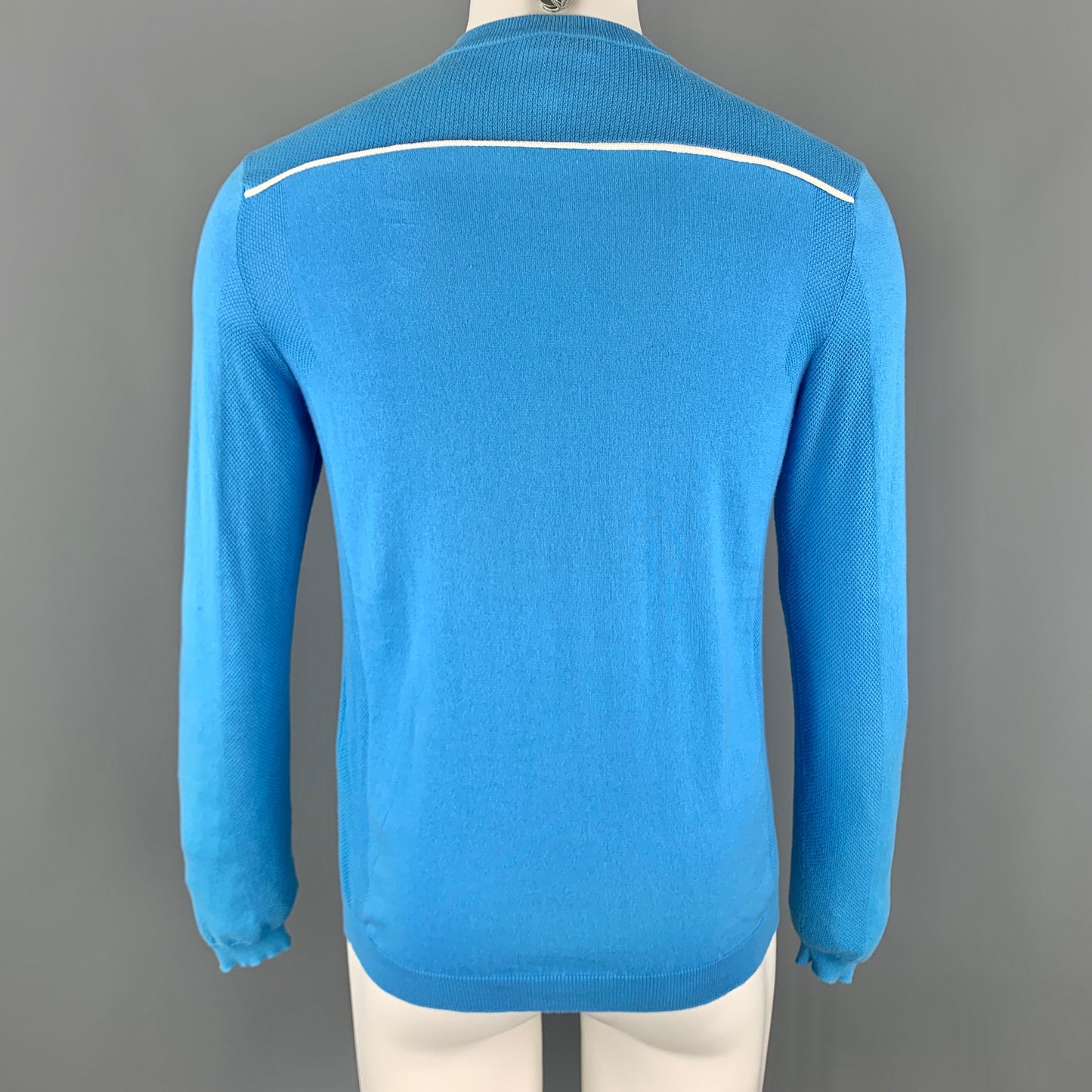 PRADA Size XS Aqua Cotton Crew-Neck White Trim Pullover Sweater