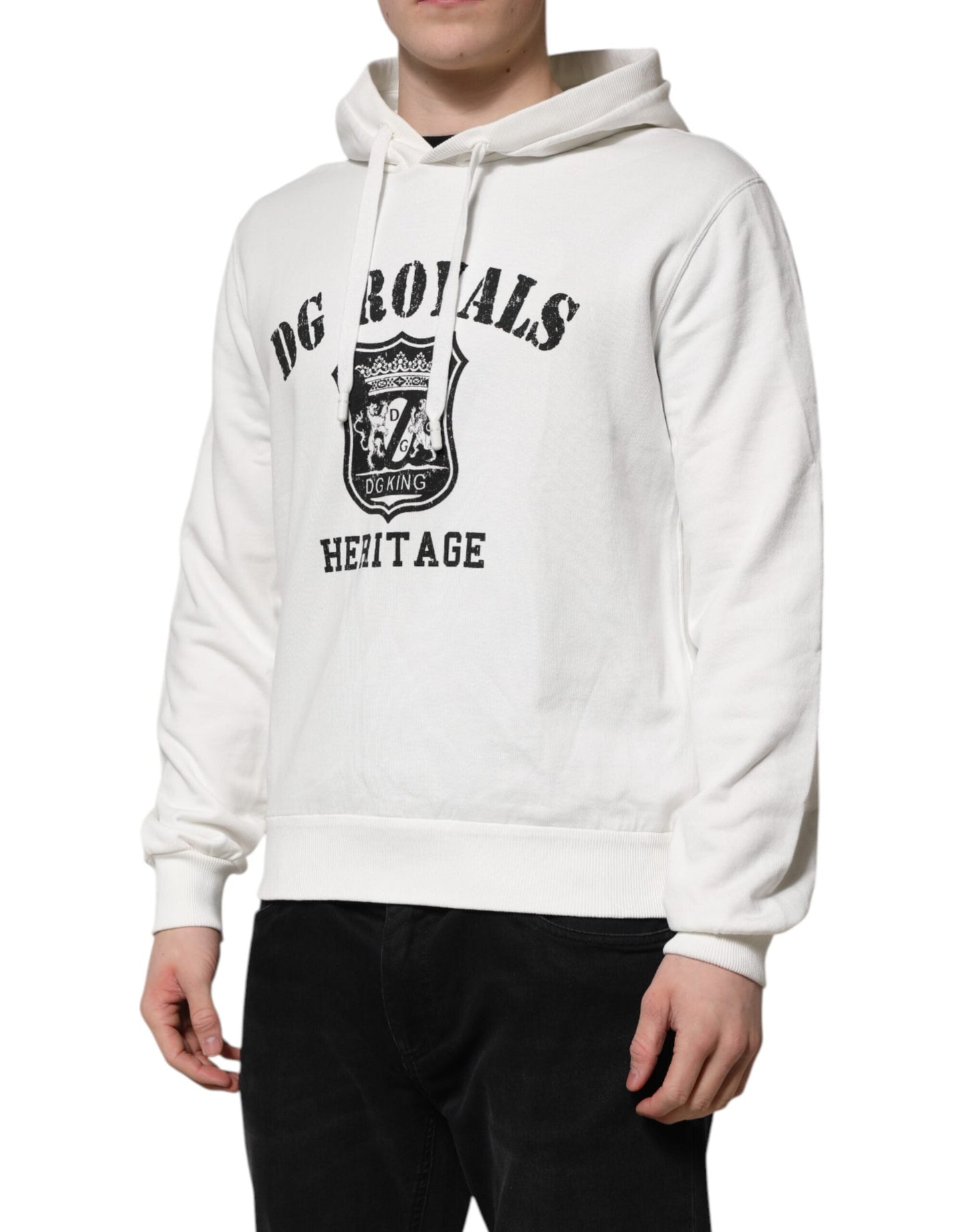 Dolce & Gabbana White Cotton DG ROYAL Print Hooded Men's Sweater