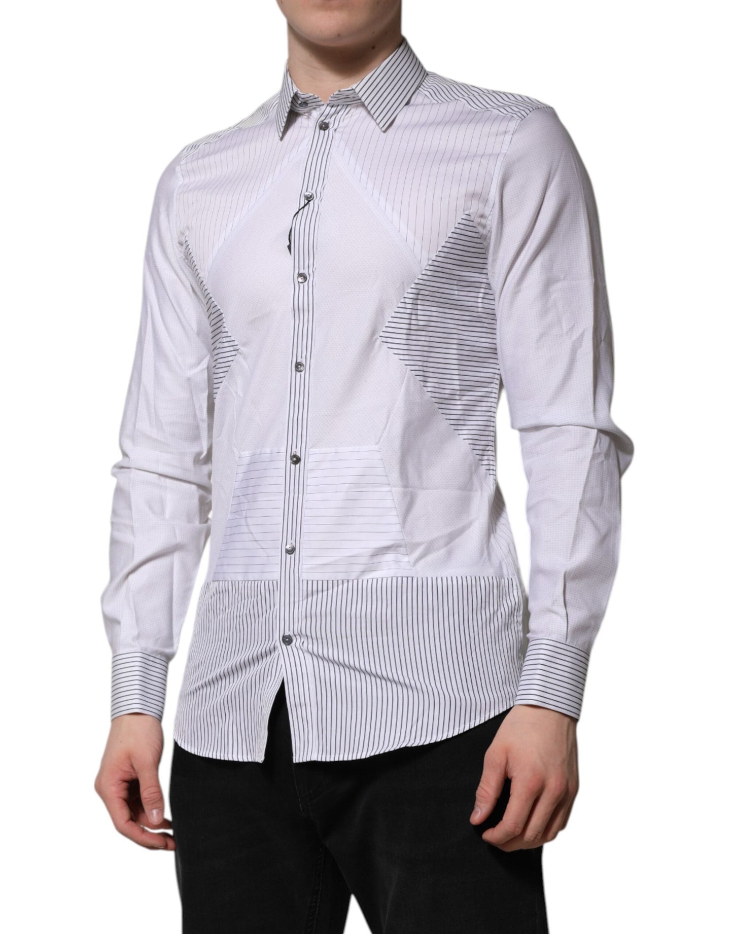 Dolce & Gabbana White Striped GOLD Long Sleeves Dress Men's Shirt
