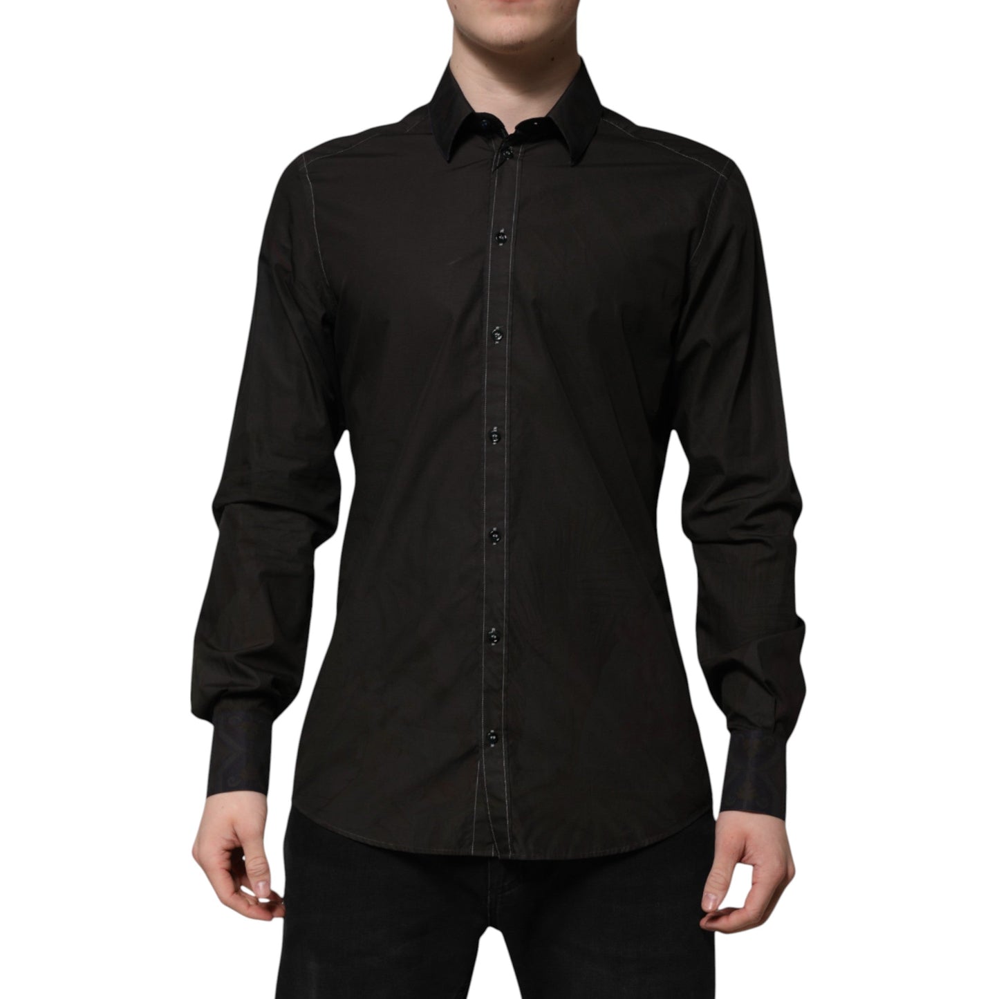 Dolce & Gabbana Black Cotton Jacquard GOLD Collar Dress Men's Shirt