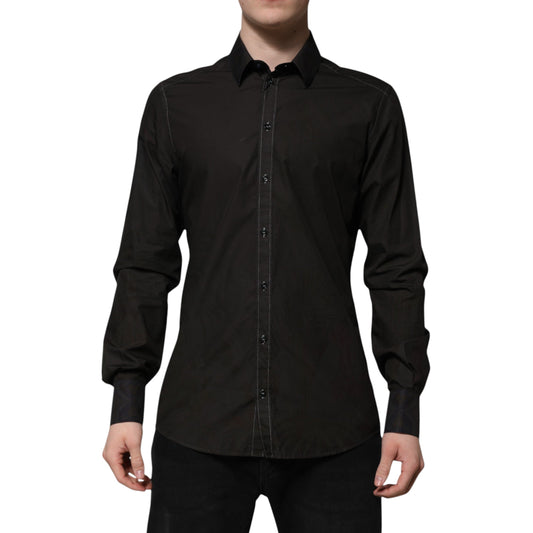 Dolce & Gabbana Black Cotton Jacquard GOLD Collar Dress Men's Shirt