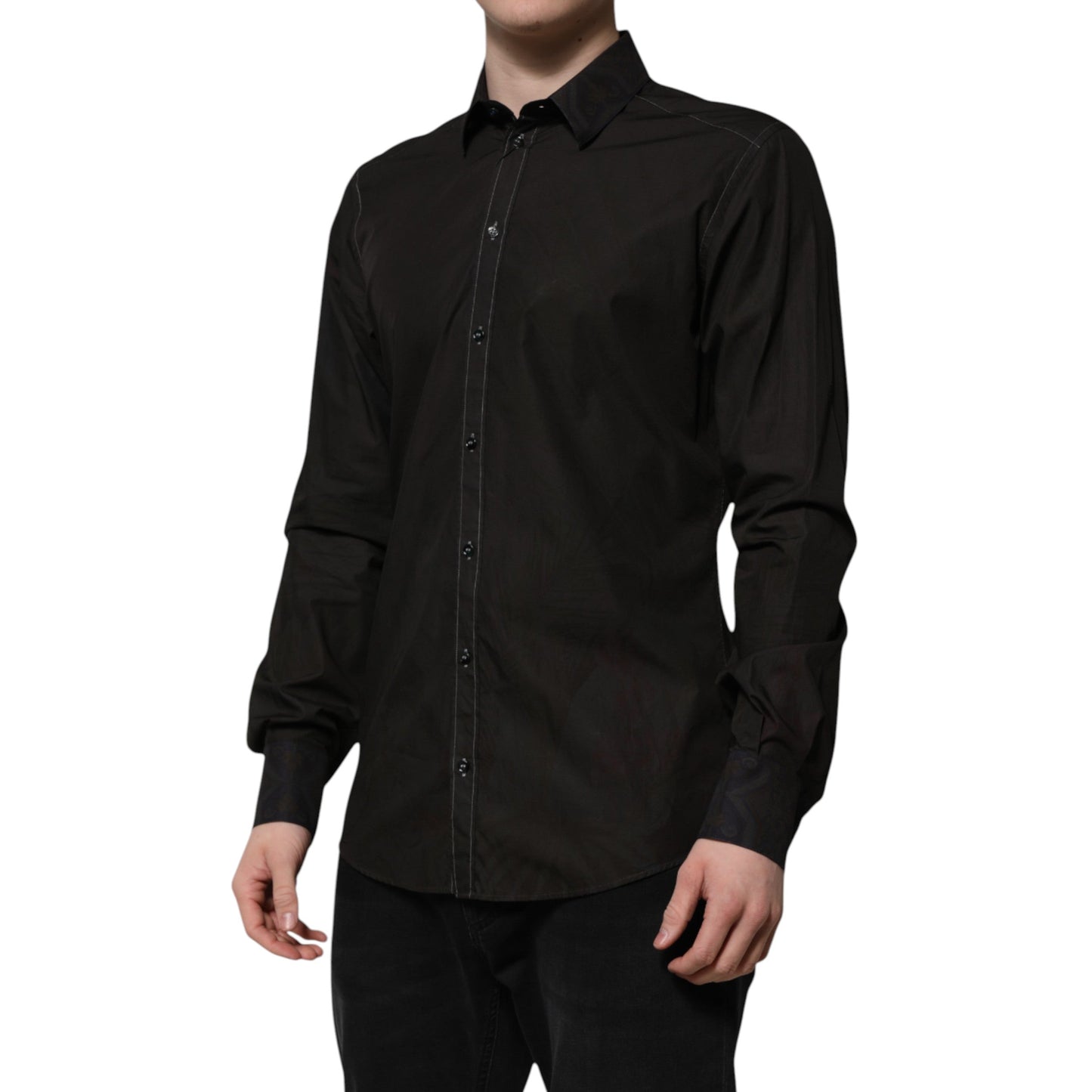 Dolce & Gabbana Black Cotton Jacquard GOLD Collar Dress Men's Shirt