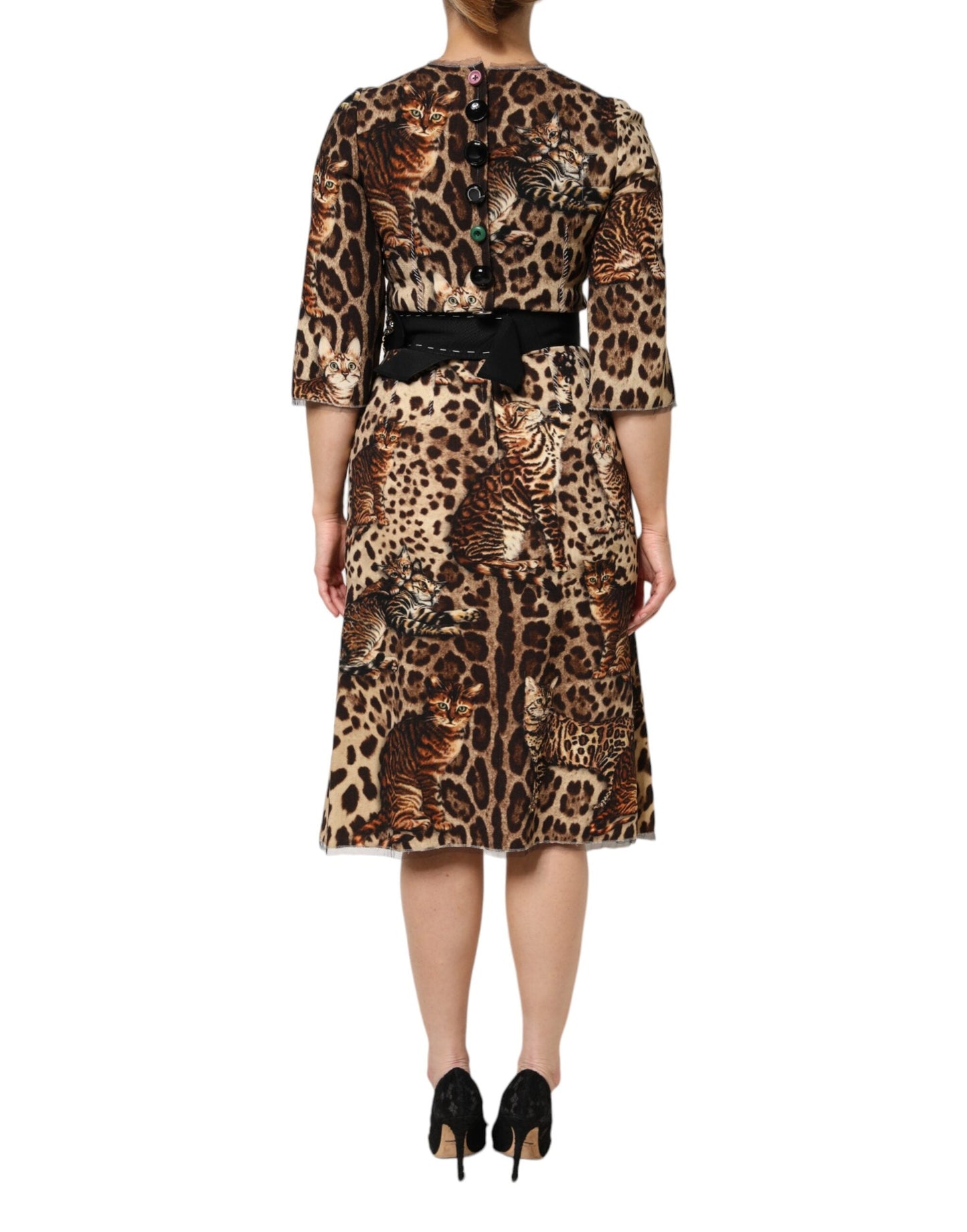 Dolce & Gabbana Brown Leopard Print Belted A-line Midi Women's Dress ()