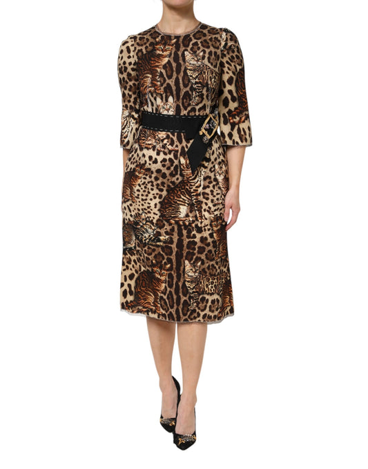 Dolce & Gabbana Brown Leopard Print Belted A-line Midi Women's Dress ()