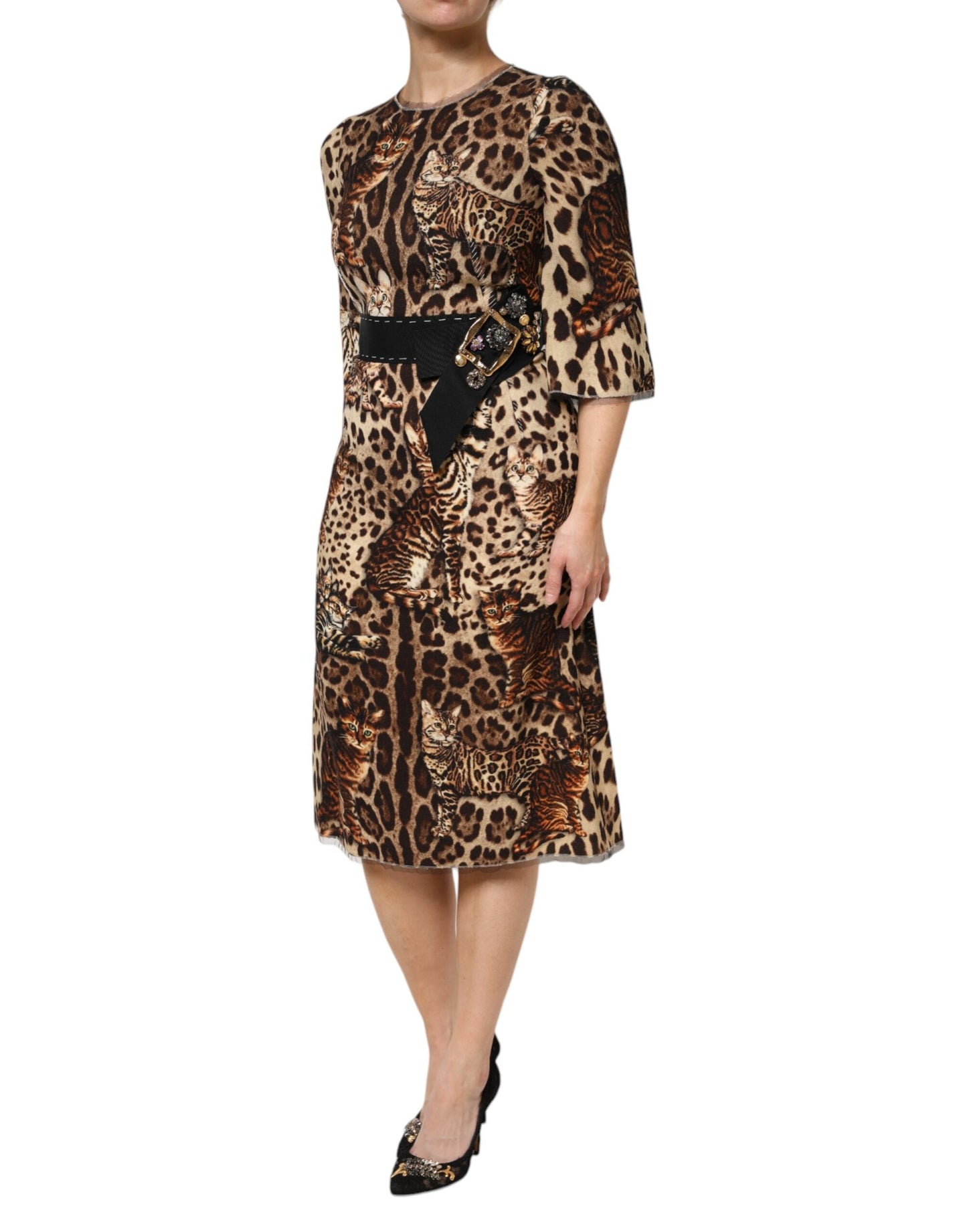 Dolce & Gabbana Brown Leopard Print Belted A-line Midi Women's Dress ()