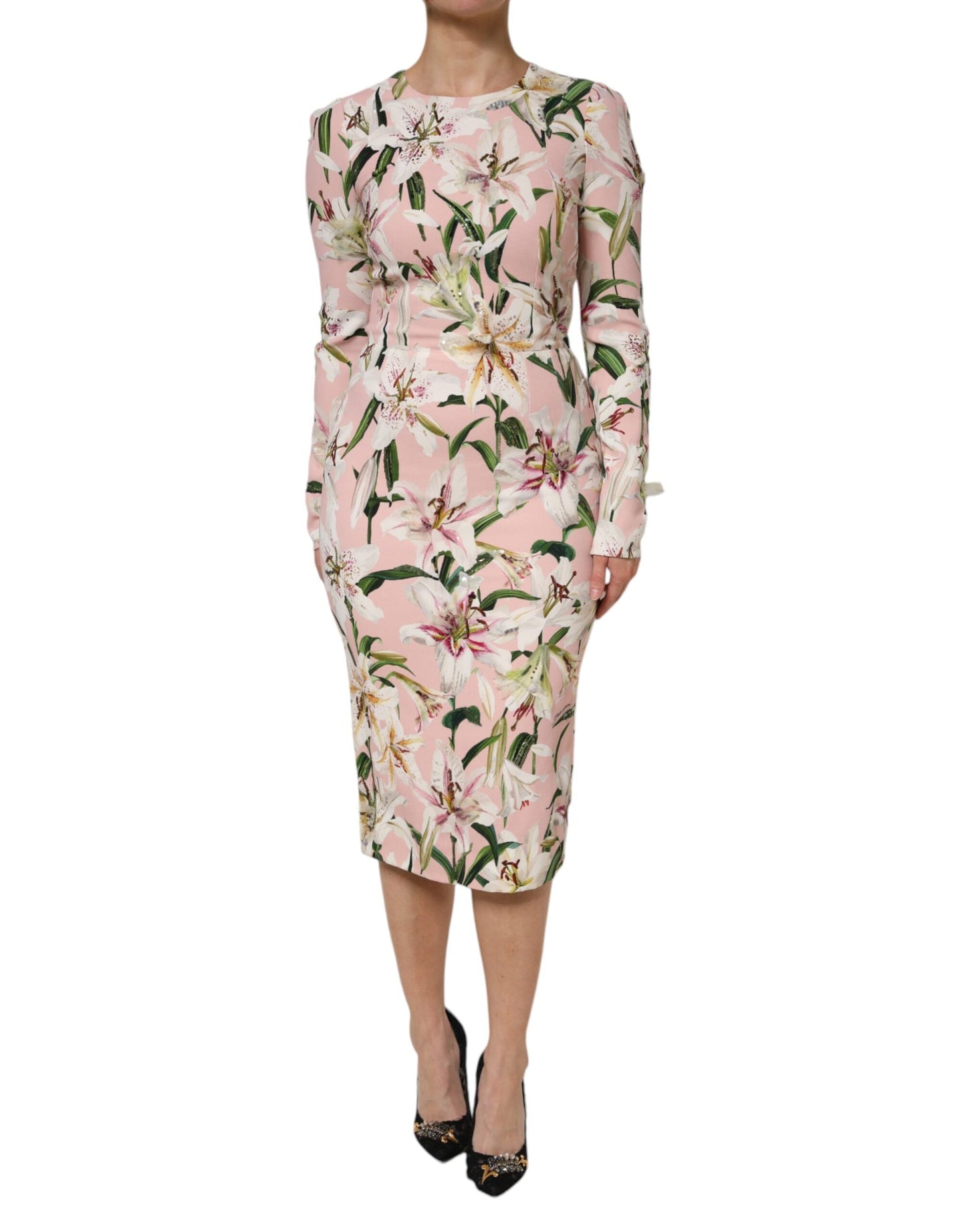Dolce & Gabbana Pink Lily Viscose Sheath Stretch Midi Women's Dress ()
