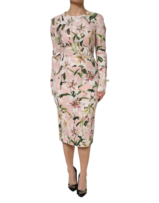 Dolce & Gabbana Pink Lily Viscose Sheath Stretch Midi Women's Dress ()