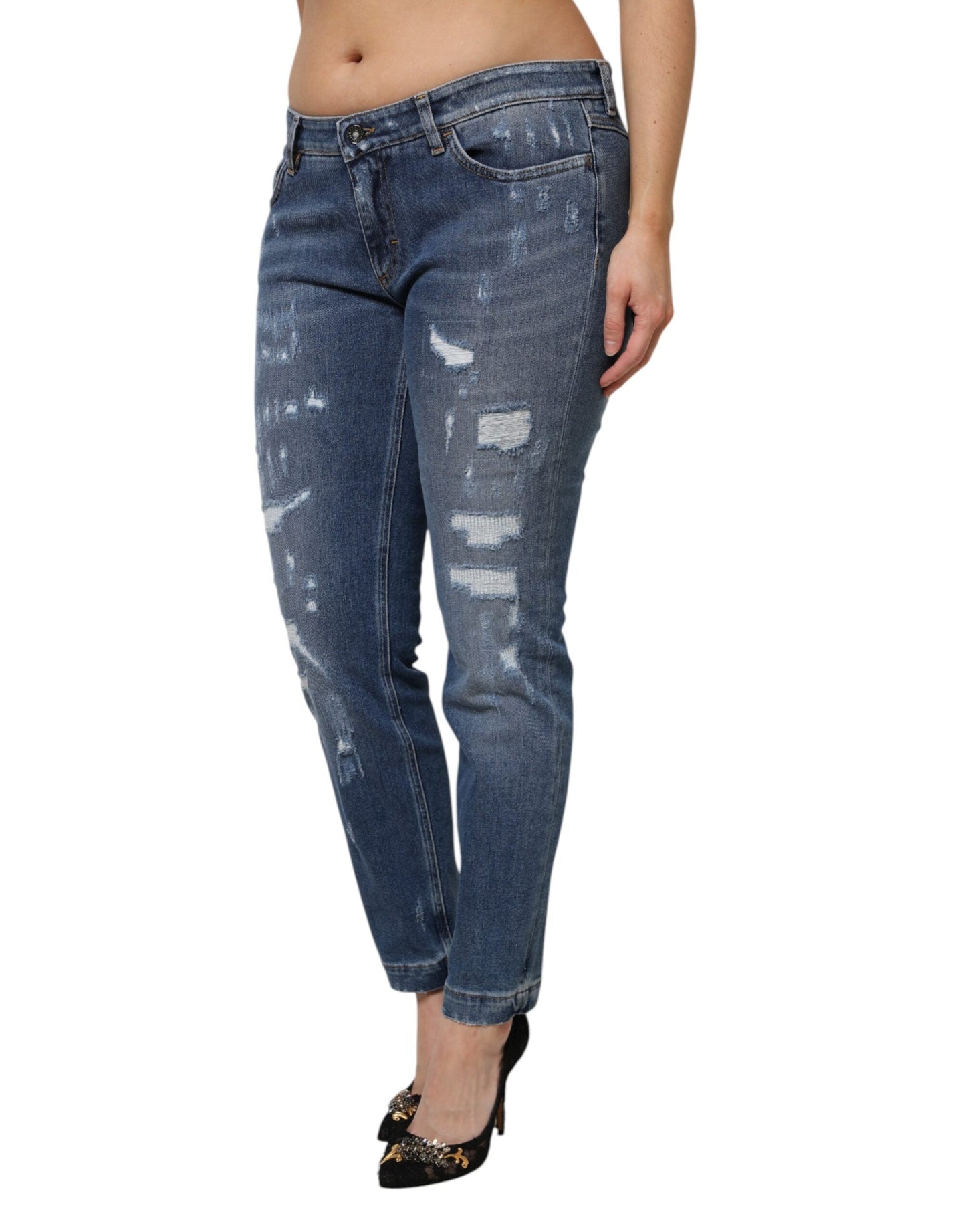 Dolce & Gabbana Blue Tattered Cotton Low Waist Denim Women's Jeans