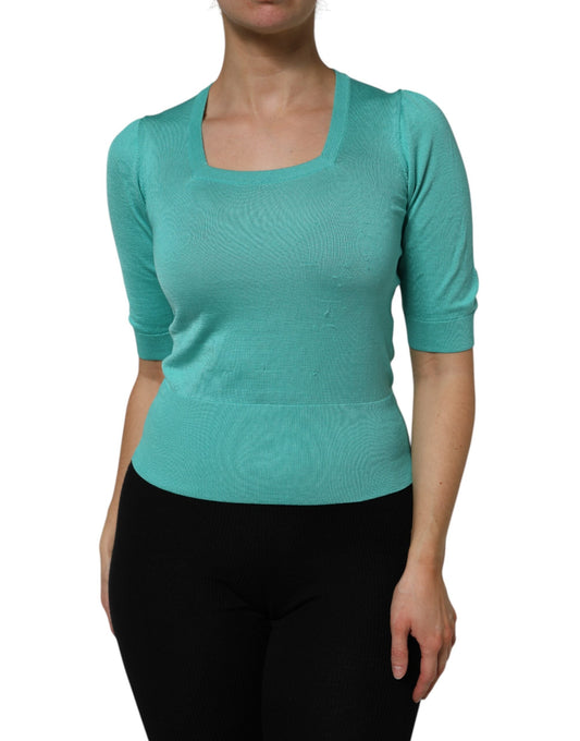 Dolce & Gabbana Aqua Blue Silk Short Sleeves Square Neck Women's Top ()