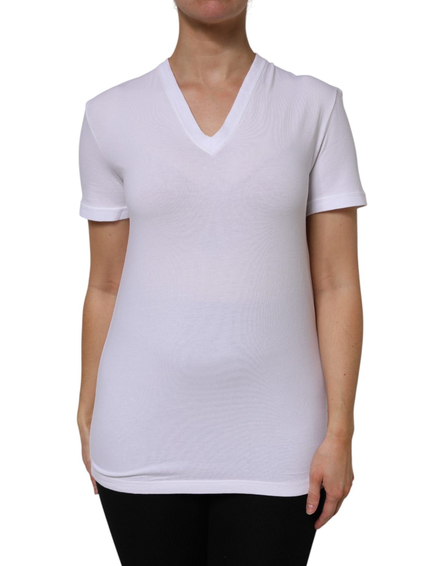 Dolce & Gabbana White Cotton Short Sleeves V-Neck Top Women's T-shirt