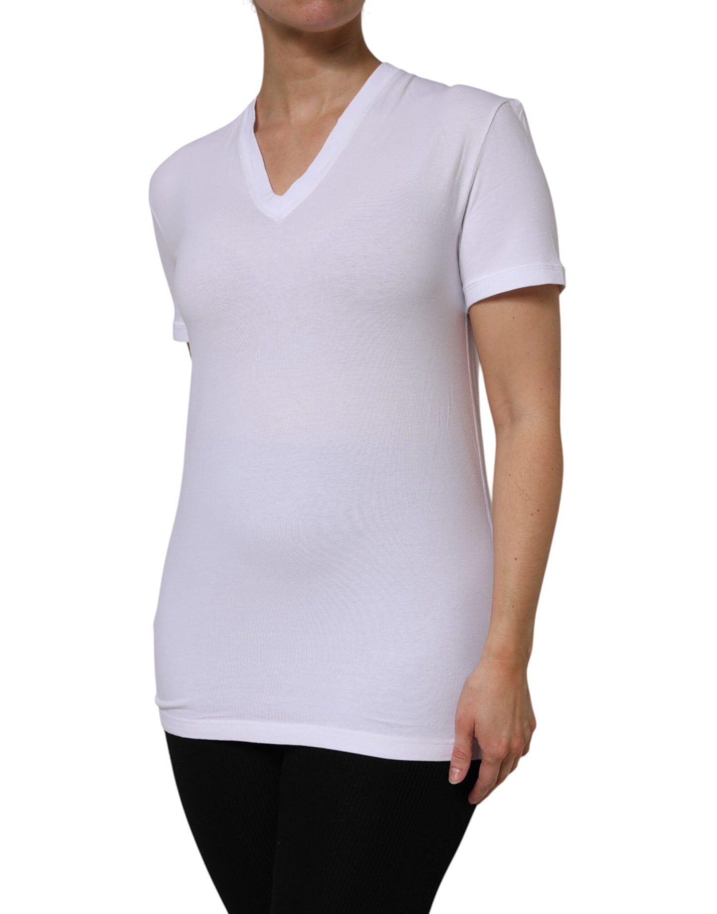 Dolce & Gabbana White Cotton Short Sleeves V-Neck Top Women's T-shirt
