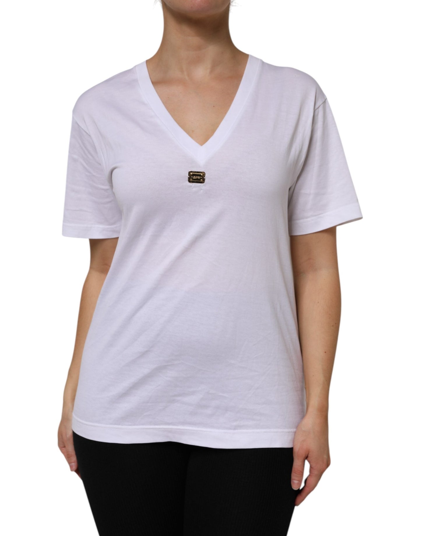Dolce & Gabbana White Cotton Short Sleeve V-Neck Top Women's T-shirt ()