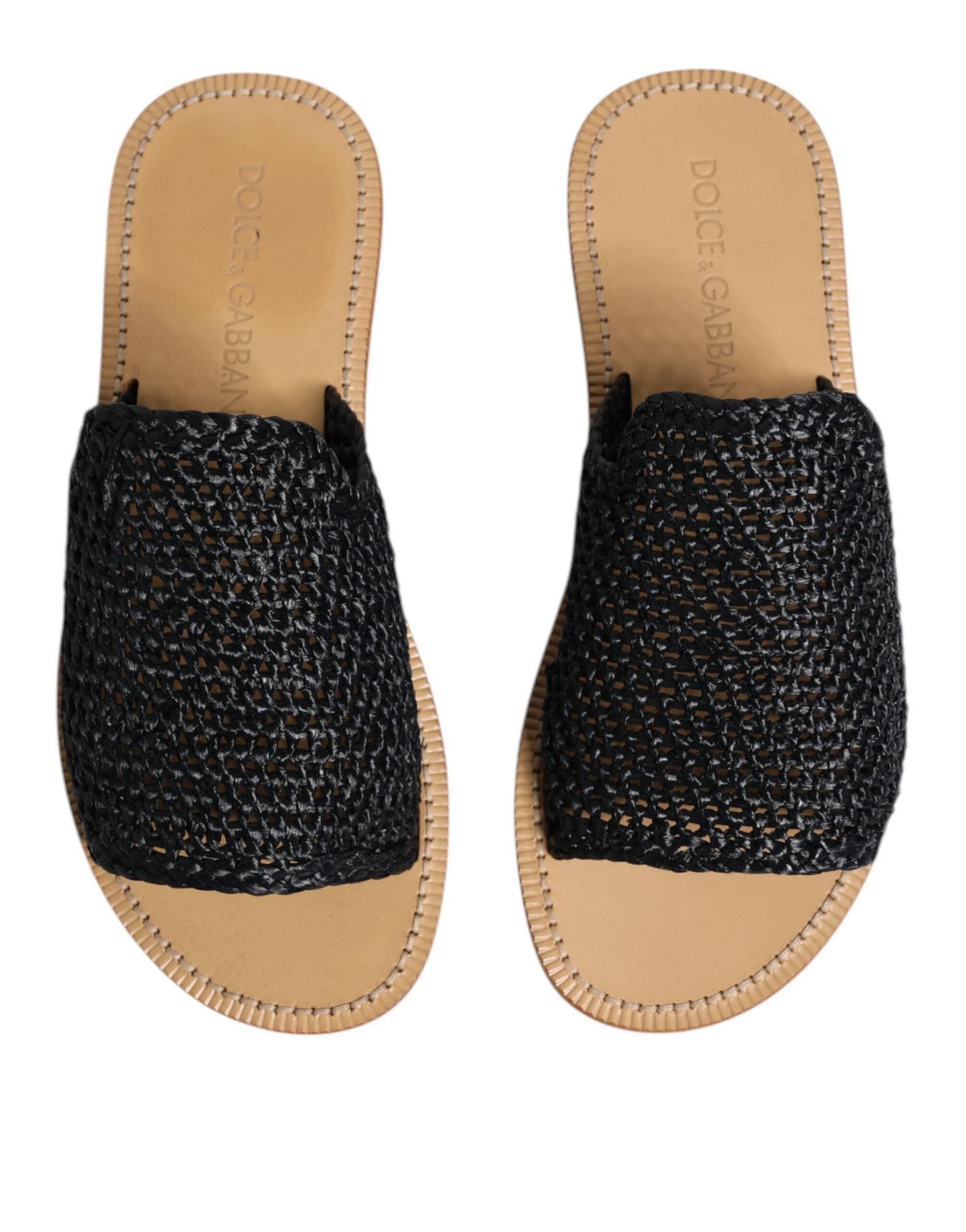 Dolce & Gabbana Black Monochrome Braided Raffia Slides Men's Shoes