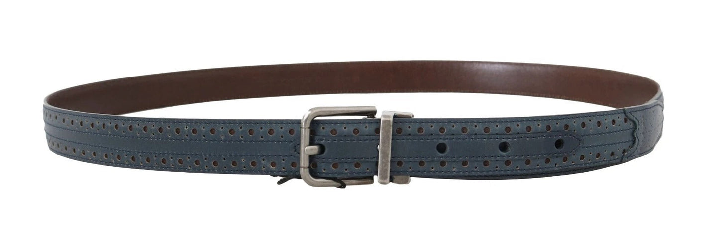 Dolce & Gabbana Blue Perforated Leather Gray Buckle Men's Belt