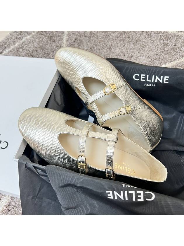 CELINE Les Double Strap Lizard Stamping Metallic Calfskin Ballerinas Silver