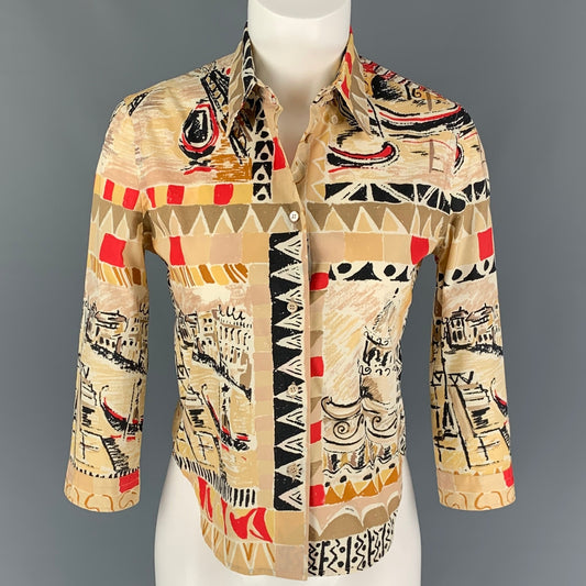 PRADA Size 4 Beige Brown Red Water Color Print Cotton Blouse