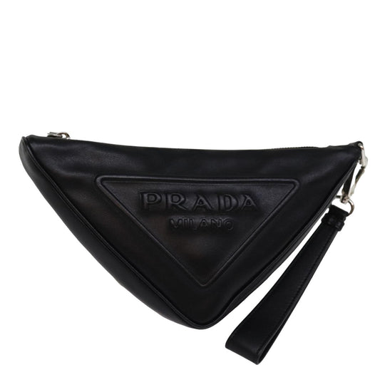 PRADA Triangle Clutch Bag Leather Black  76762A