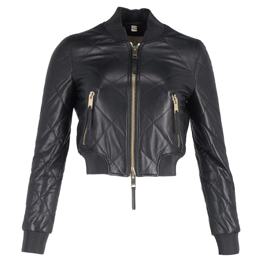 Burberry Brit Quilted Cropped Bomber Jacket in Black Lamb Leather