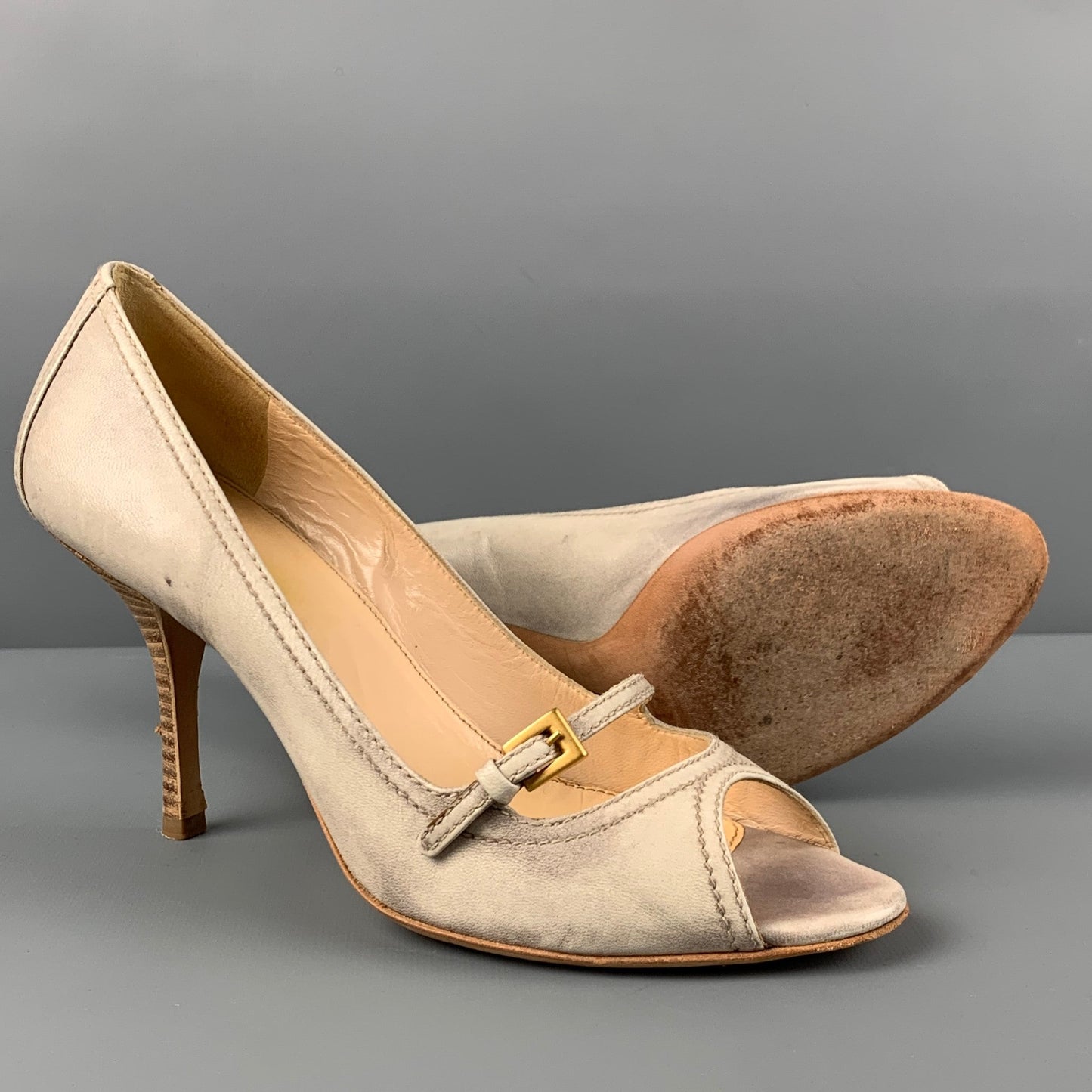 PRADA Size 7 Beige Leather Marbled Peep Toe Pumps