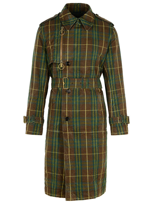 Burberry 'Check' Dark Green Cotton Trench Coat Men