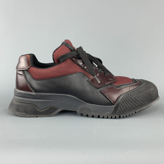 PRADA Size 8.5 Black & Burgundy Leather & Mesh Chunky Lace Up Sneakers