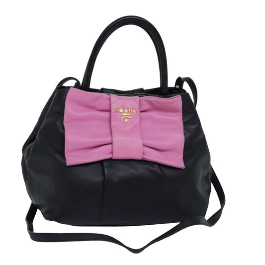 PRADA Ribbon Hand Bag Leather 2way Black Pink  77209