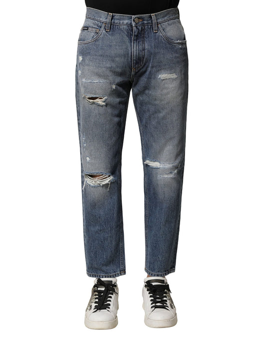 Dolce & Gabbana Blue Washed Tattered Straight Fit Denim Men's Jeans
