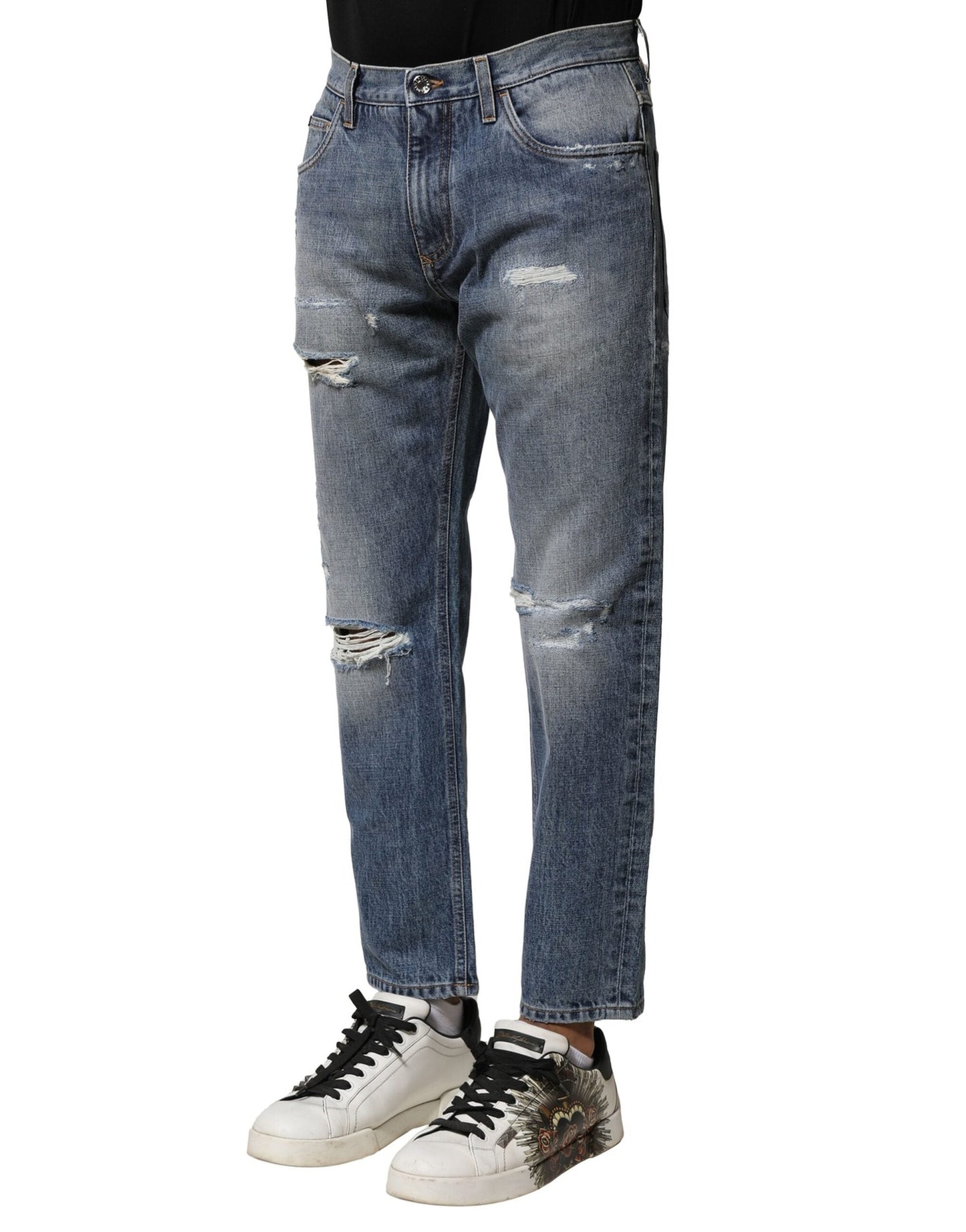Dolce & Gabbana Blue Washed Tattered Straight Fit Denim Men's Jeans