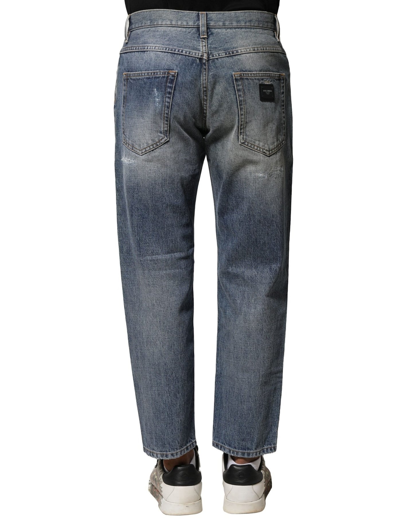 Dolce & Gabbana Blue Washed Tattered Straight Fit Denim Men's Jeans