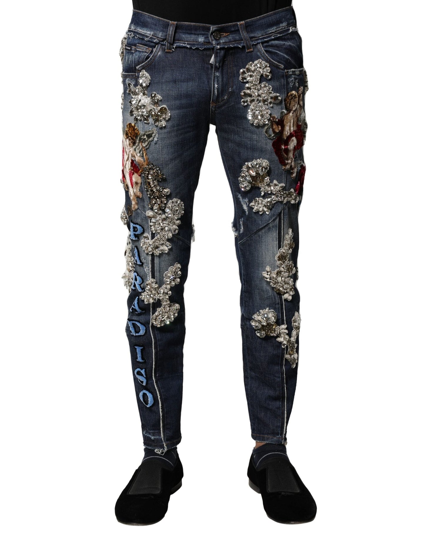 Dolce & Gabbana Blue Cotton Rhinestone Embellish Denim Men's Jeans