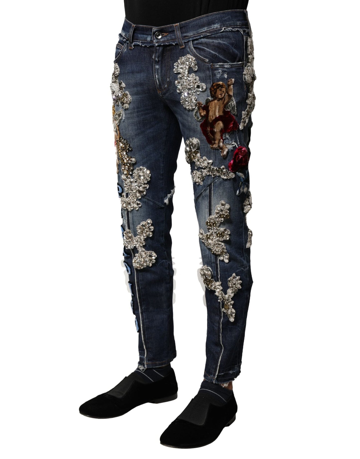 Dolce & Gabbana Blue Cotton Rhinestone Embellish Denim Men's Jeans