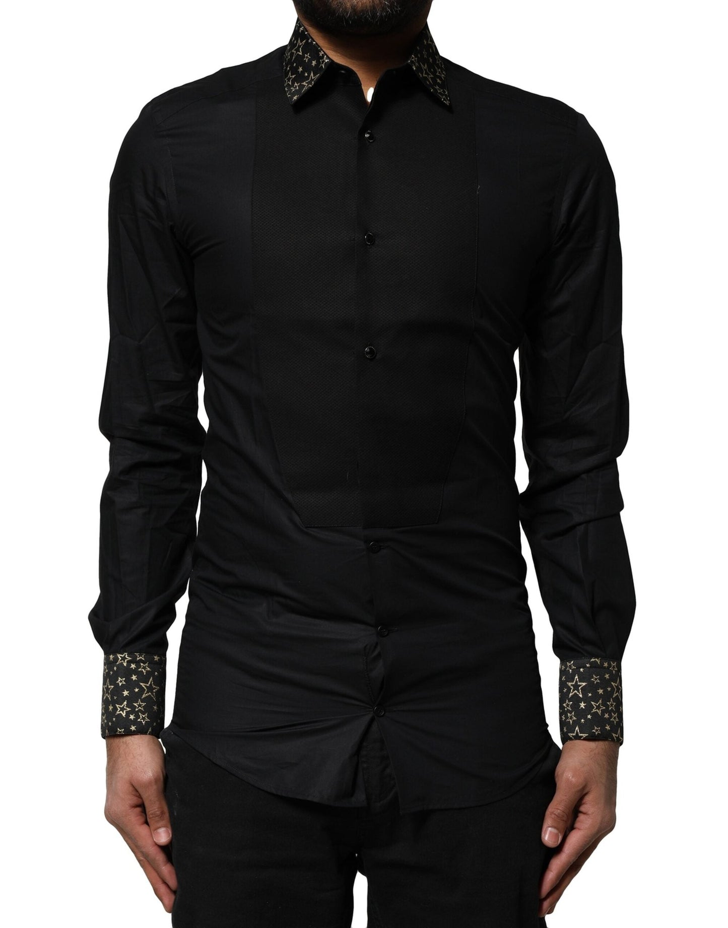 Dolce & Gabbana Black Cotton GOLD Long Sleeves Dress Men's Shirt ()