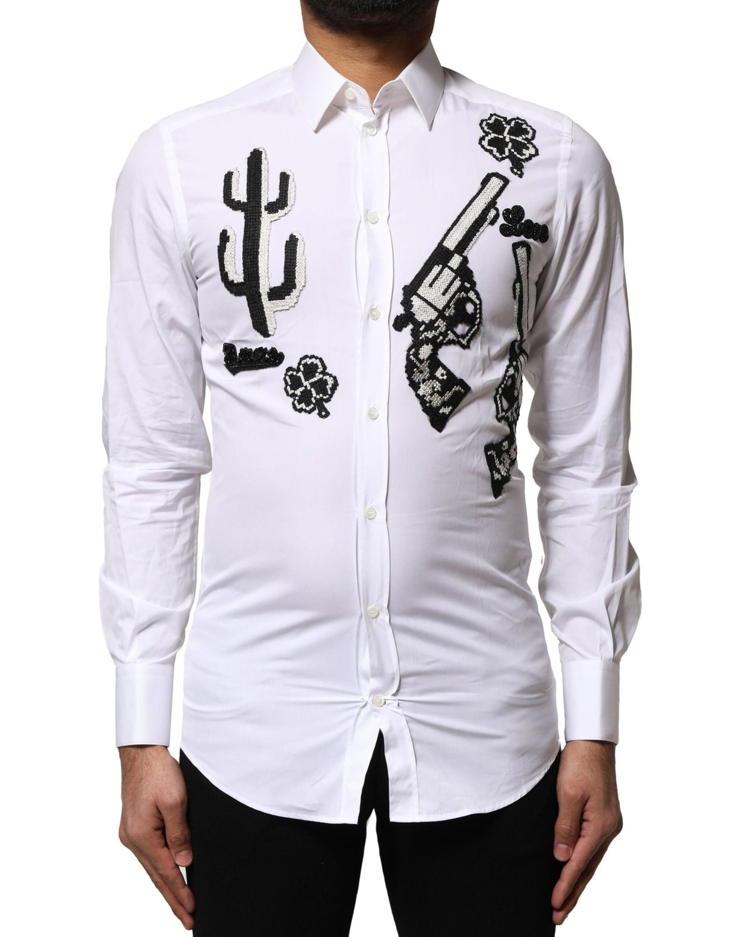Dolce & Gabbana White GOLD Embroidery Detailed Dress Men's Shirt ()