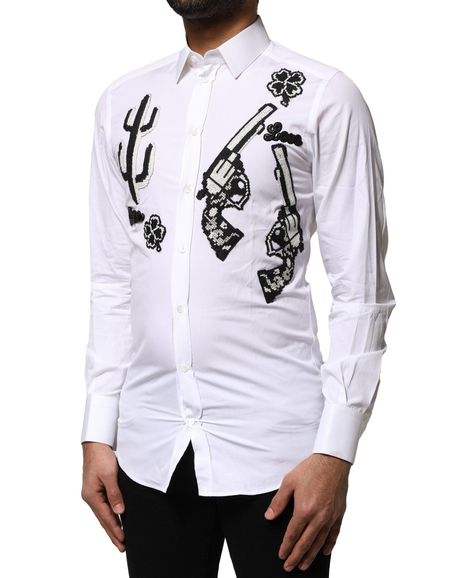 Dolce & Gabbana White GOLD Embroidery Detailed Dress Men's Shirt ()