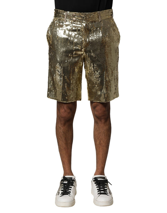 Dolce & Gabbana Gold Sequin Polyester Embellished Bermuda Men's Shorts