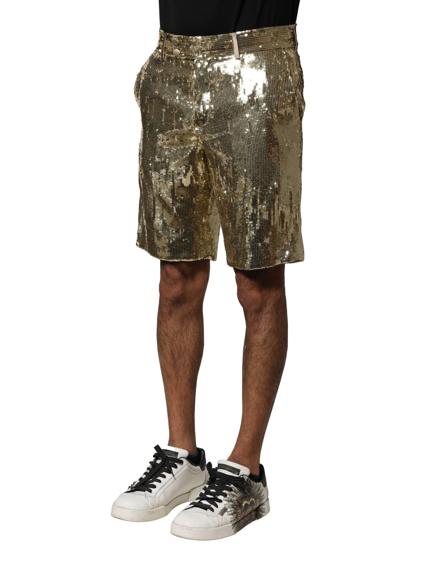 Dolce & Gabbana Gold Sequin Polyester Embellished Bermuda Men's Shorts