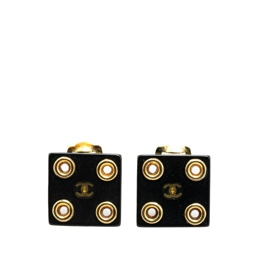 Chanel Coco Mark Square Earrings Black Gold