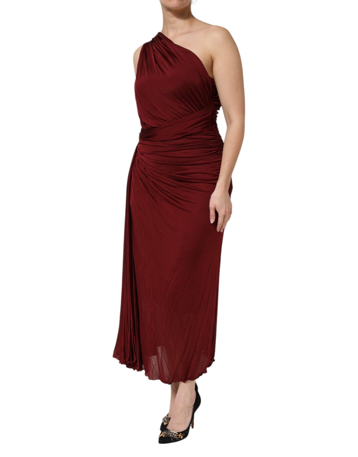 Dolce & Gabbana Red Viscose Fitted One Shoulder Midi Women's Dress ()